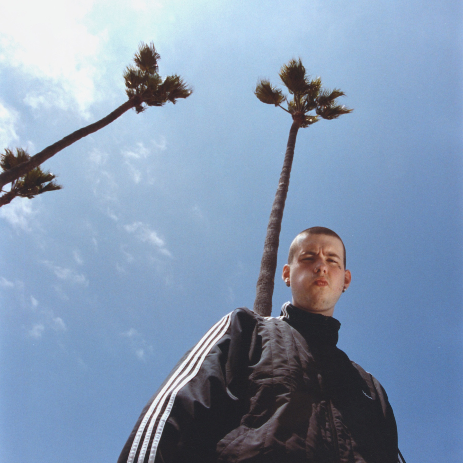 A person in a black tracksuit stands beneath palm trees against a blue sky.