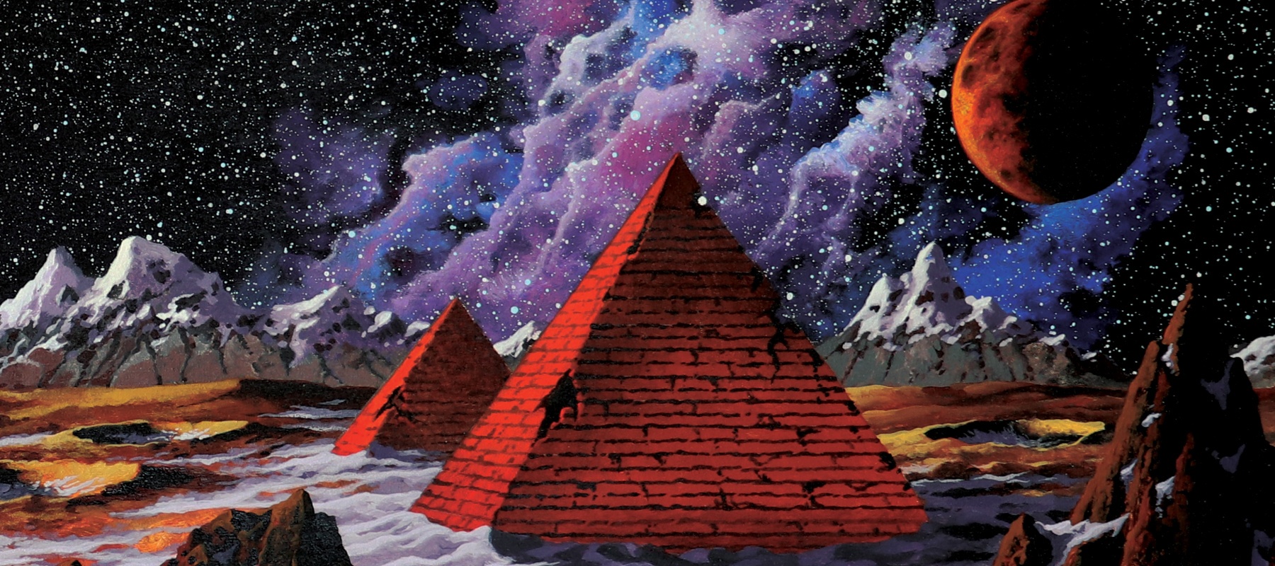 Illustrated two moons, mountains, space, pyramids